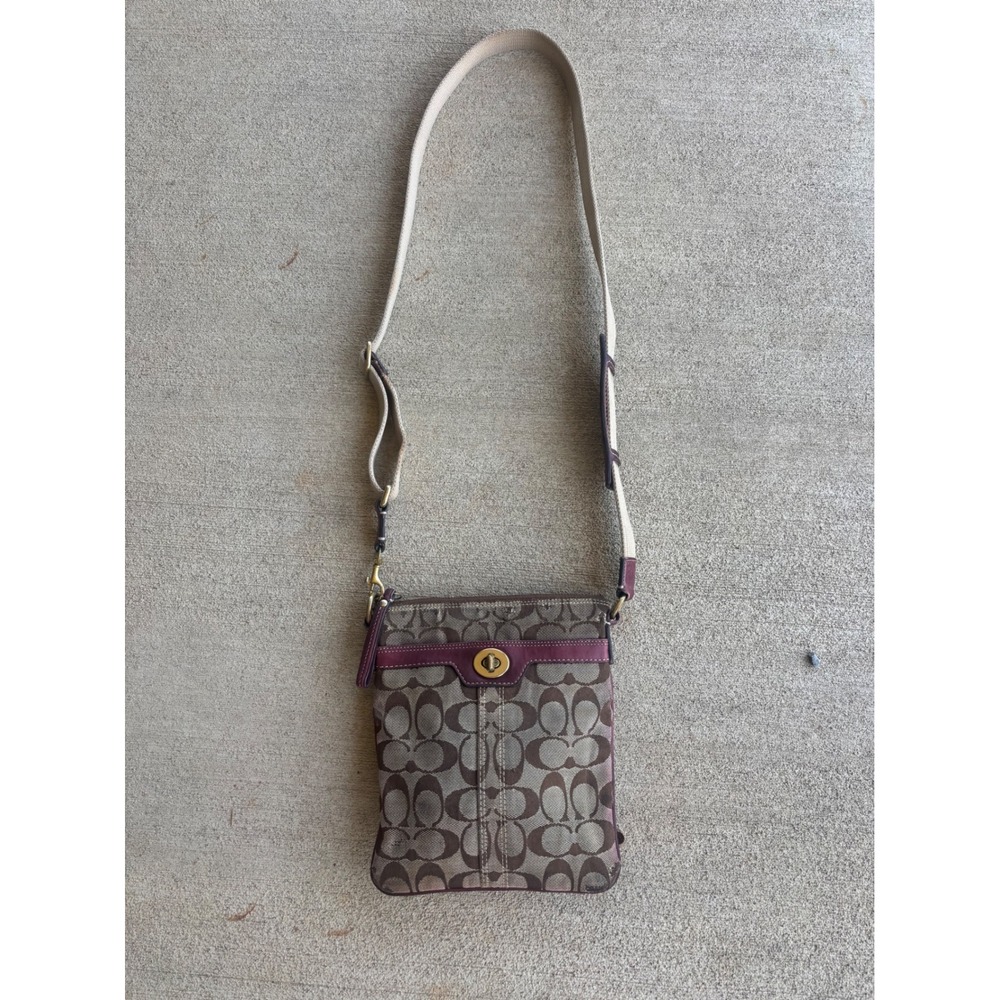 Coach Signature C Monogram Crossbody Bag Brown Purple Leather  Small